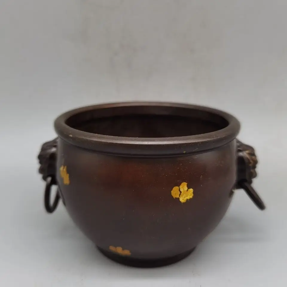 Old Collection Palace Style Gilded Double Lion Ear Copper Cylinder Antique Purple Bronze Incense Burner Fortune Cornucopia Decor