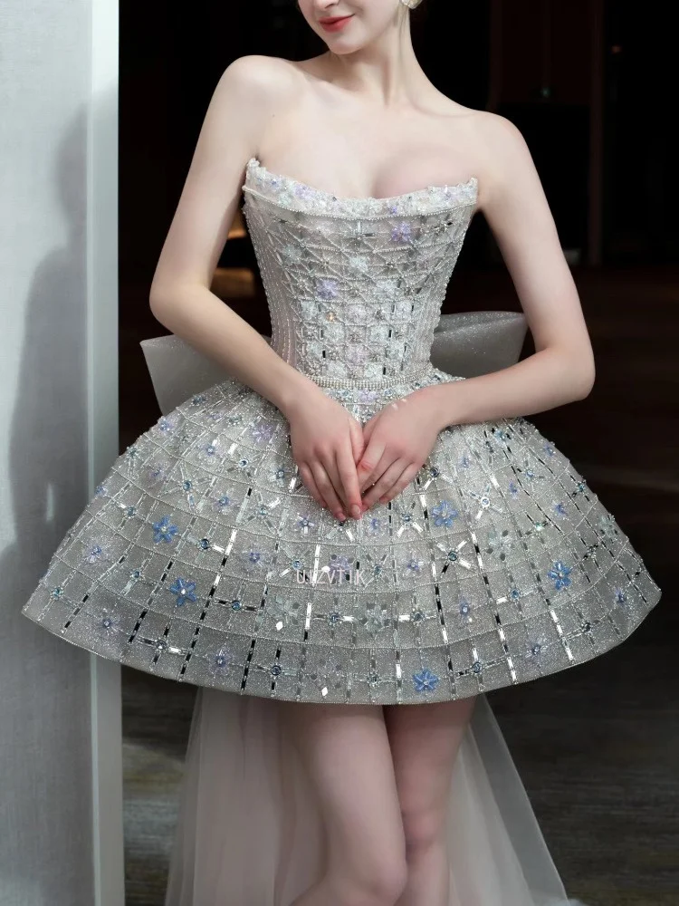 

Sweetheart Strapless Sparkly Prom Dress Crystal Beaded Short Cocktail Party Gown Detachable Tulle Bow Train Homecoming Dress