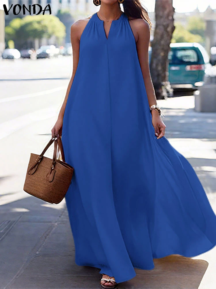 

Plus Size VONDA Summer Long Dress Women Halter Maxi Sundress 2025 Fashion Casual Sleeveless Beach Vestido Solid V-Neck Sexy Robe