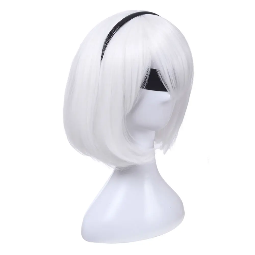 NieR AutomMi2B YoRHa No. 2-Perruques de Cheveux Courts et Lisses, de Couleur Blanche, pour Cosplay