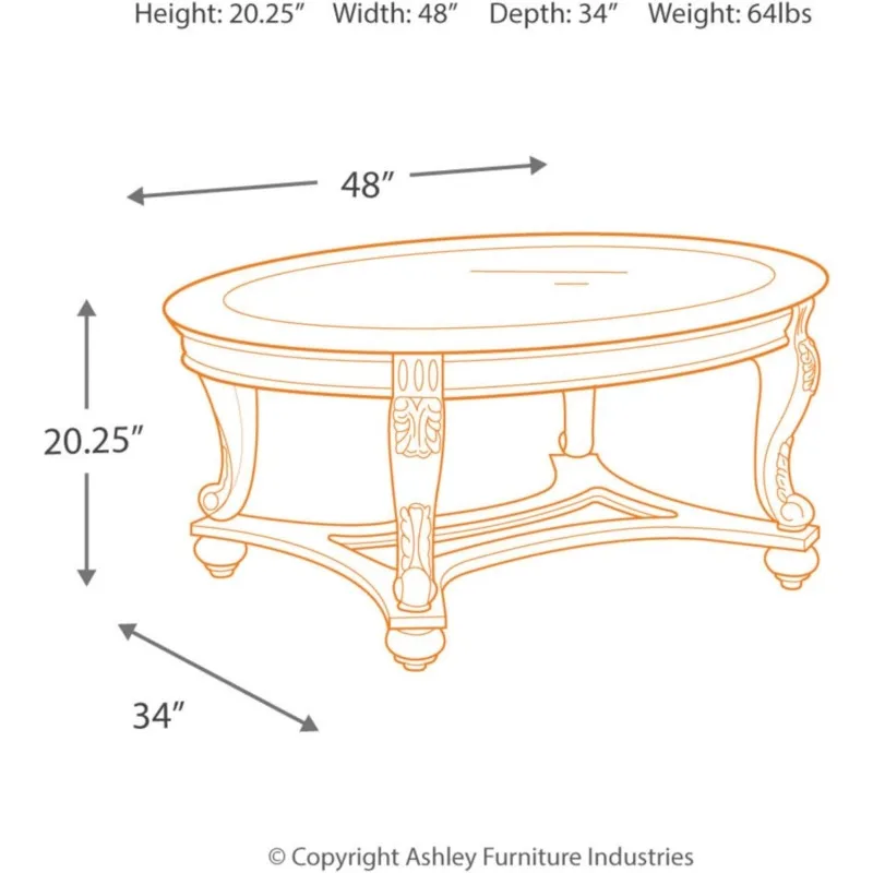 Винтажный овальный журнальный столик Signature Design со скошенной стеклянной столешницей и прокрутными ножками, темно-коричневый