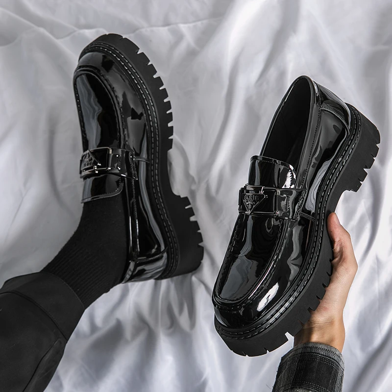 Men New Lefu Square Headed Leather Shoes with Elevated Thick Sole and Durable Mid Heel PU Shoes in Black Sizes 38-44Men Shoes