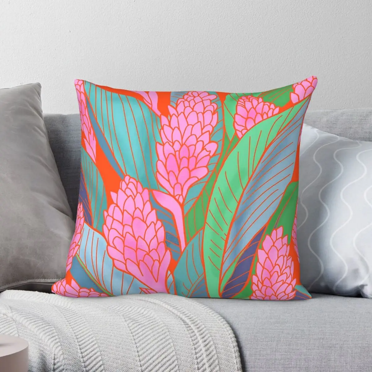 Wild Pink Ginger Flower Pillowcase Polyester Linen Velvet Pattern Zip Decor Home 45x45
