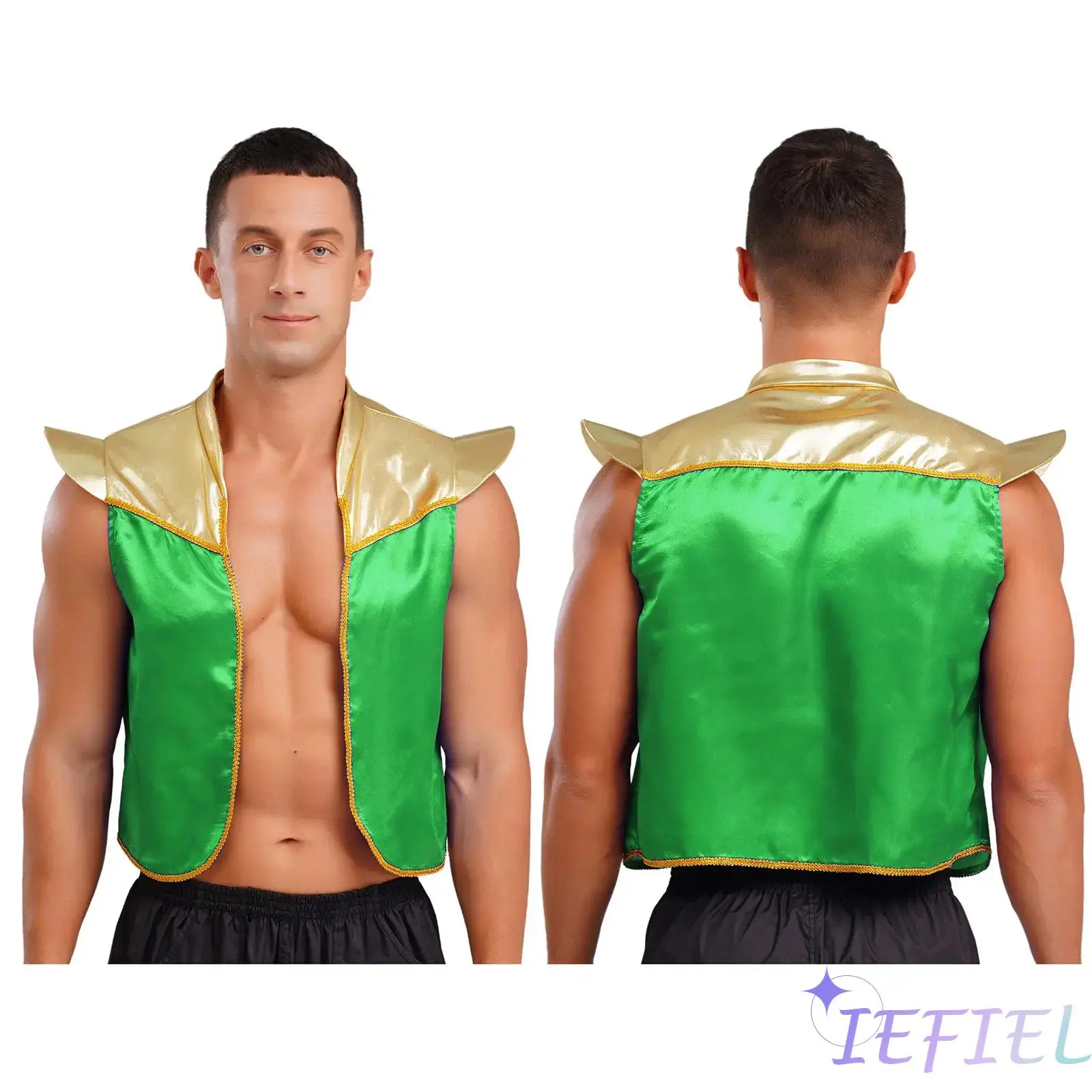 

Men Halloween Arabian Costume Sleeveless Shoulder Pads Open Front Vest Color Block Shiny Metallic Vest Performance Costume