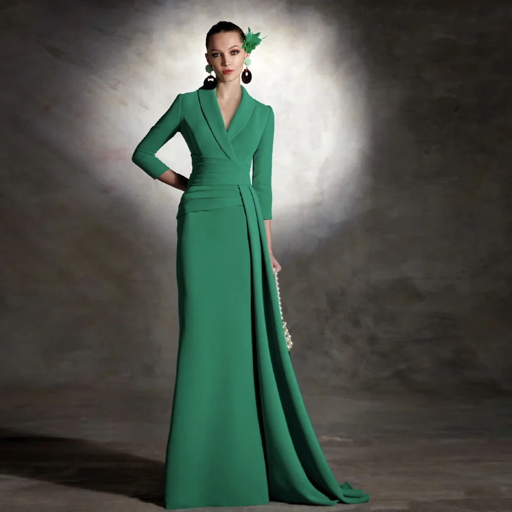 Elegante vestido verde para madre de la novia, manga 3/4, escote en V, hasta el suelo plisado, sirena 2024