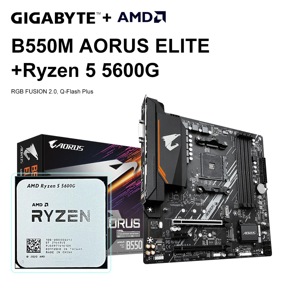 AMD Ryzen 5 5600G + GIGABYTE B550M AORUS ELITE Motherboard R5 5600G CPU Motherboard Set Processor Socket AM4 DDR4 128GB Desktop