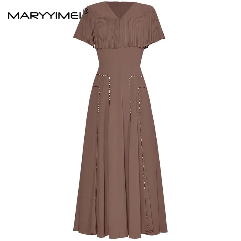 

MARYYIMEI Fashion Designers Summer Woman's dress V-neck Short sleeved tassel High quality Solid color Dresses