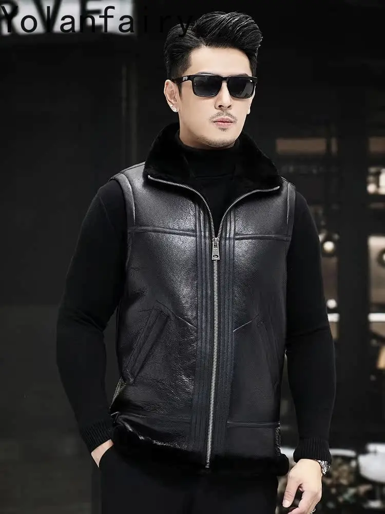 YOLANFAIRY Cappotto di pelliccia di pecora naturale Uomo Inverno Breve Giacca di pelle genuina Uomo Senza maniche Casual Gilet di pelliccia nera Gilet caldo