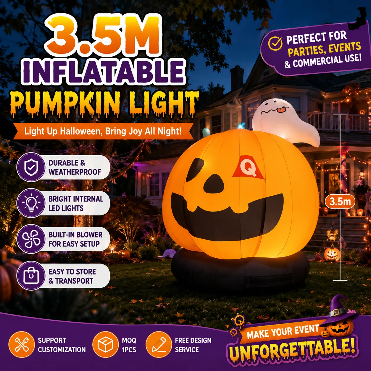 Halloween Pumpkin Decor Led - 巨大なハロウィーン用インフレータブルパンプキン、高さ約1.8mのゴースト装飾、耐候性LEDライト付き、屋外商業イベント用装飾