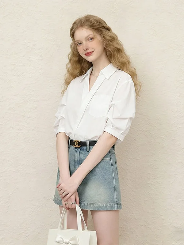 

Элегантная женская рубашка с V-образным вырезом, свободного кроя, в повседневном стиле, летняя, новая модная, легкая, в зрелом стиле, дышащая, комфортная.