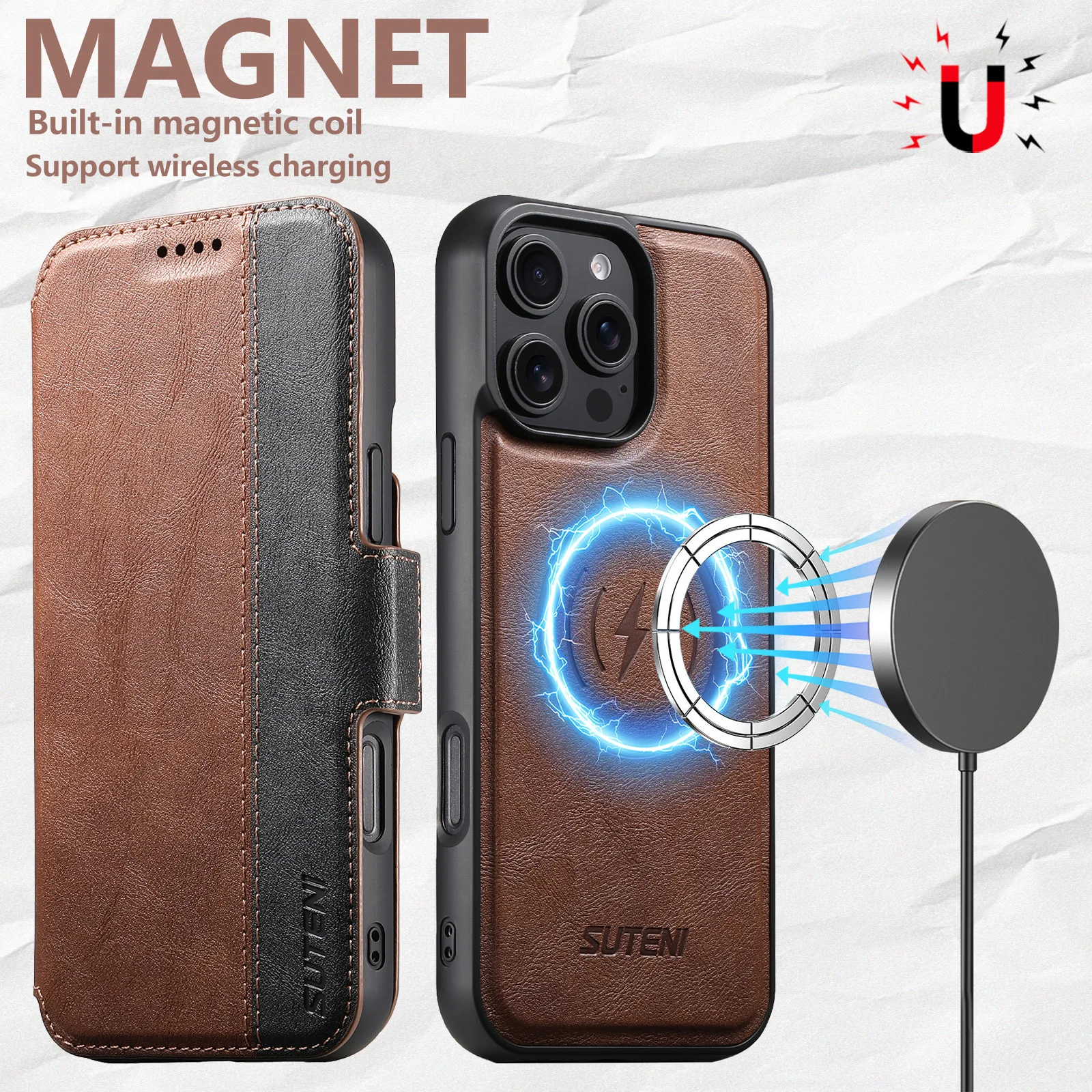 

Магнитный чехол с беспроводной зарядкой для iPhone 17 Pro Max 13 12 14 15 16 Pro Max Plus, противоударный кожаный чехол-бумажник с отделениями для карт, откидная крышка