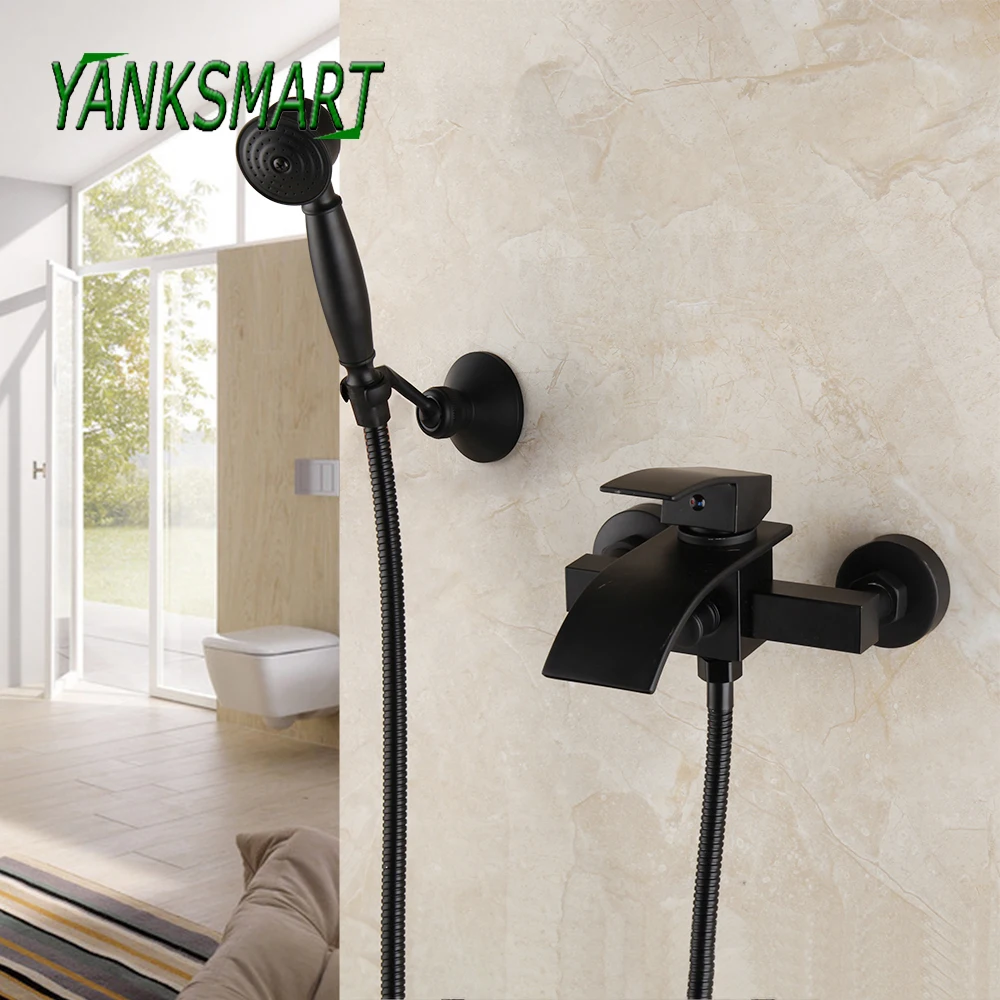 

YANKSMART Black Bathroom Shower Faucet Set Wall Mounted Single Handle W/ Hand Showers Bathtub Faucets Mixer Water Tap