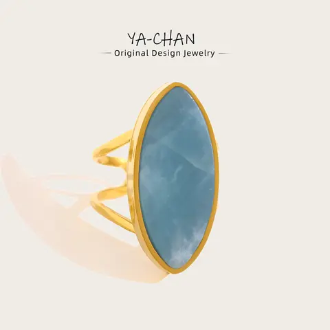 YACHAN Vintage Luxury Natural Stone Stainless Steel Ring for Women Blue Charm 18K Gold Plated Trendy Waterproof Jewelry