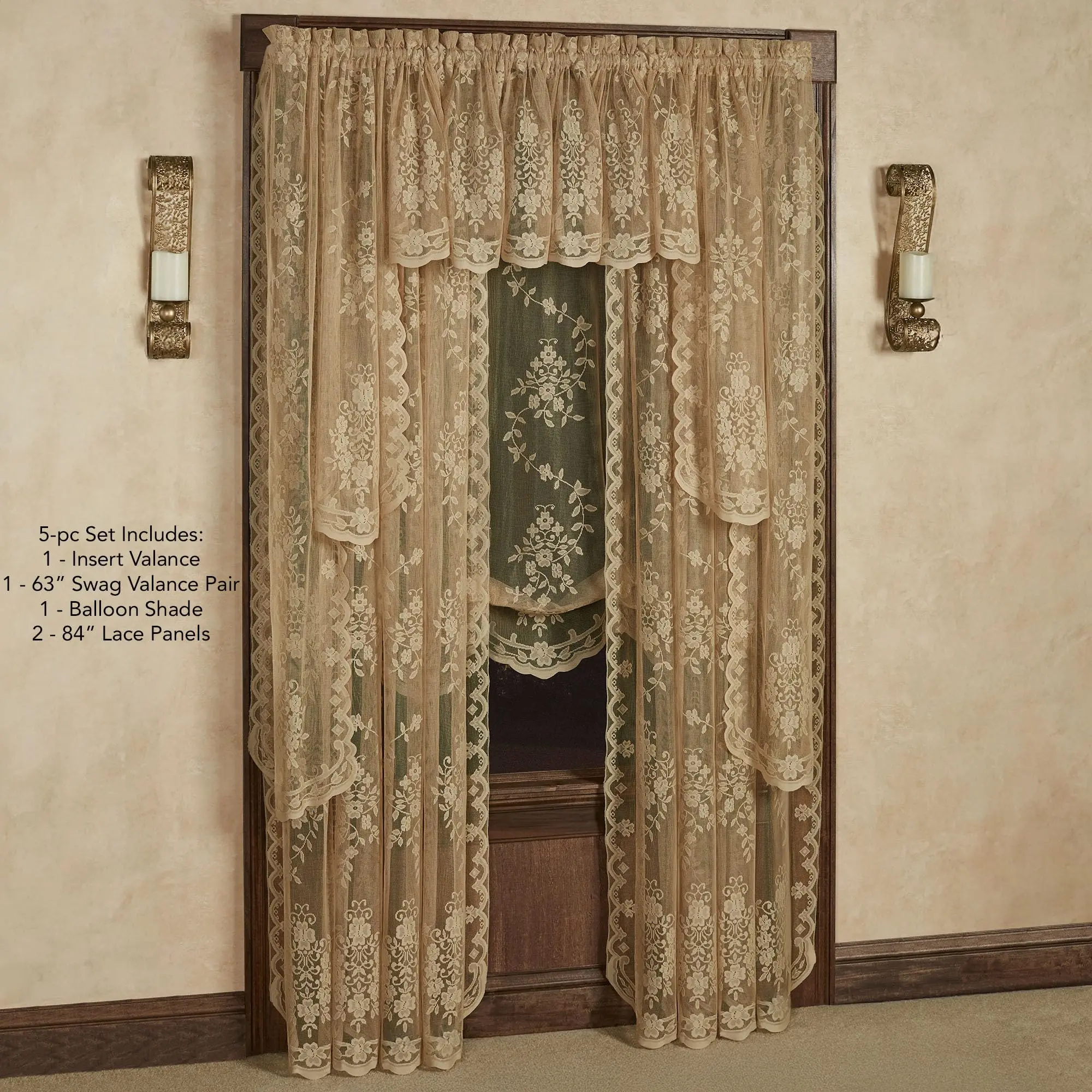 Luxury Sheer Polyester Fiona Lace Window Treatment, Antique Gold, 5 Pc Set