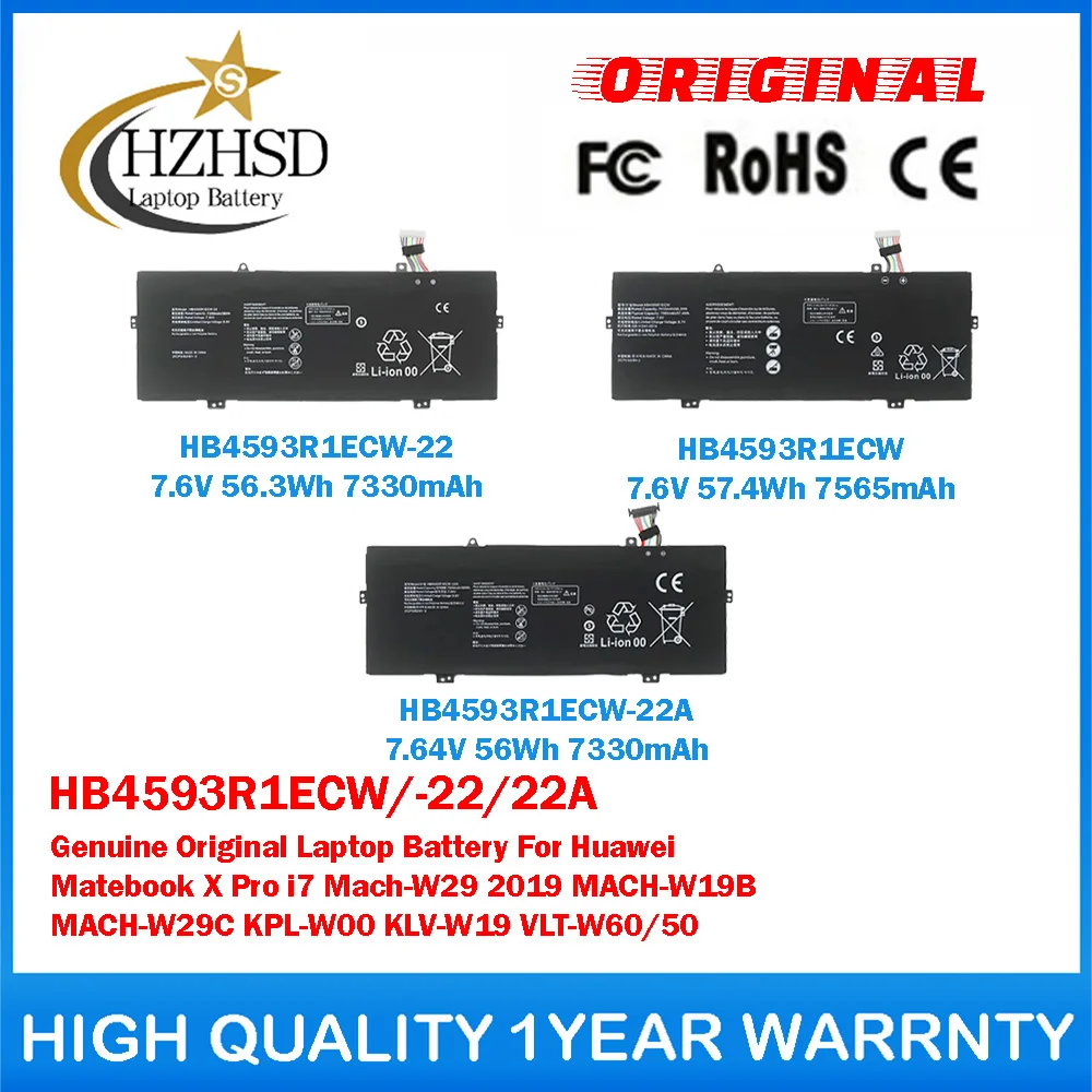

HB4593R1ECW/-22/22A Genuine Original Laptop Battery For Huawei Matebook X Pro i7 Mach-W29 2019 MACH-W19B MACH-W29C KPL-W00
