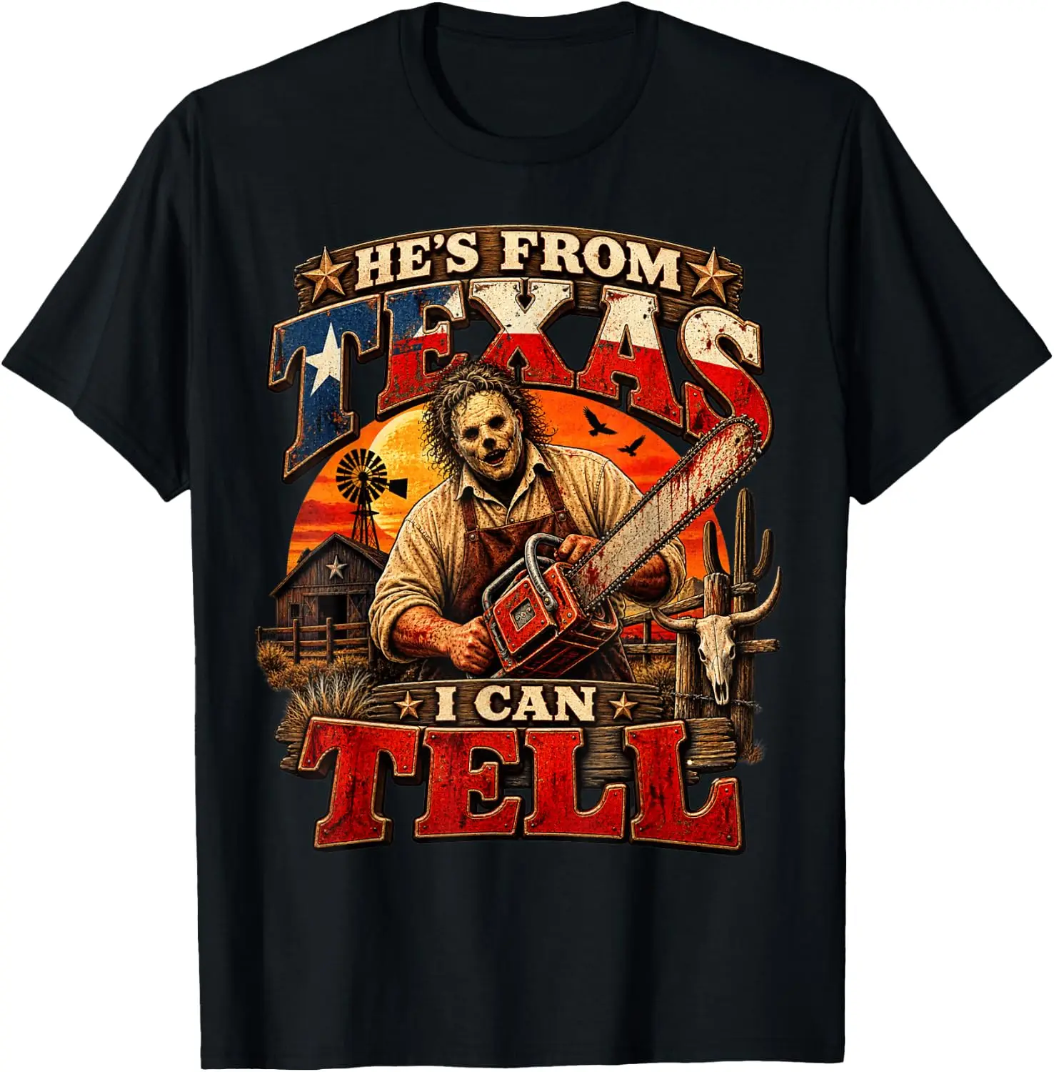 Retro Hes From Texas I Can Tell Chainsaw Horror Halloween T-Shirt Breathable, Stylish Pure Cotton Short-Sleeve Top—Suitable For All-Season Styling.