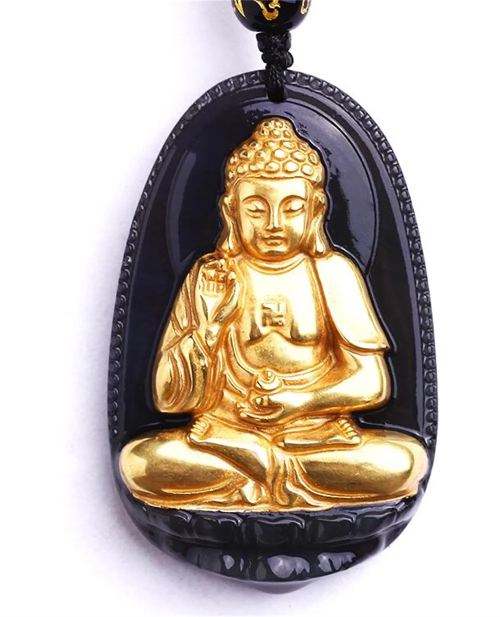 Chinese Handwork Natural Black Obsidian Solid Gold Carved Buddha Lucky Pendant Amulet Beads Necklace Fashion Jewelry