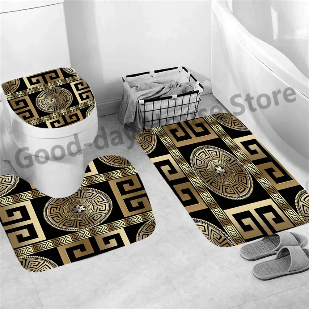 3pcs Luxury Black Gold Shower Bathroom Mat Carpet Non Slip Mug Modern Marble Toilet Seat Lip Cover Bath Home Decor Accessories