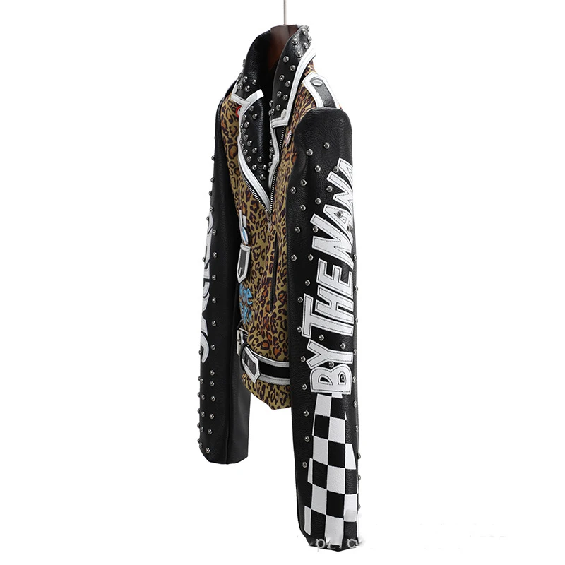 Women\'s Motorcycle Leather Jacket PU Material Woman\'s Biker Coat Leopard Motorcycle Jacket Color Bump Punk Jacket Wear Resistant