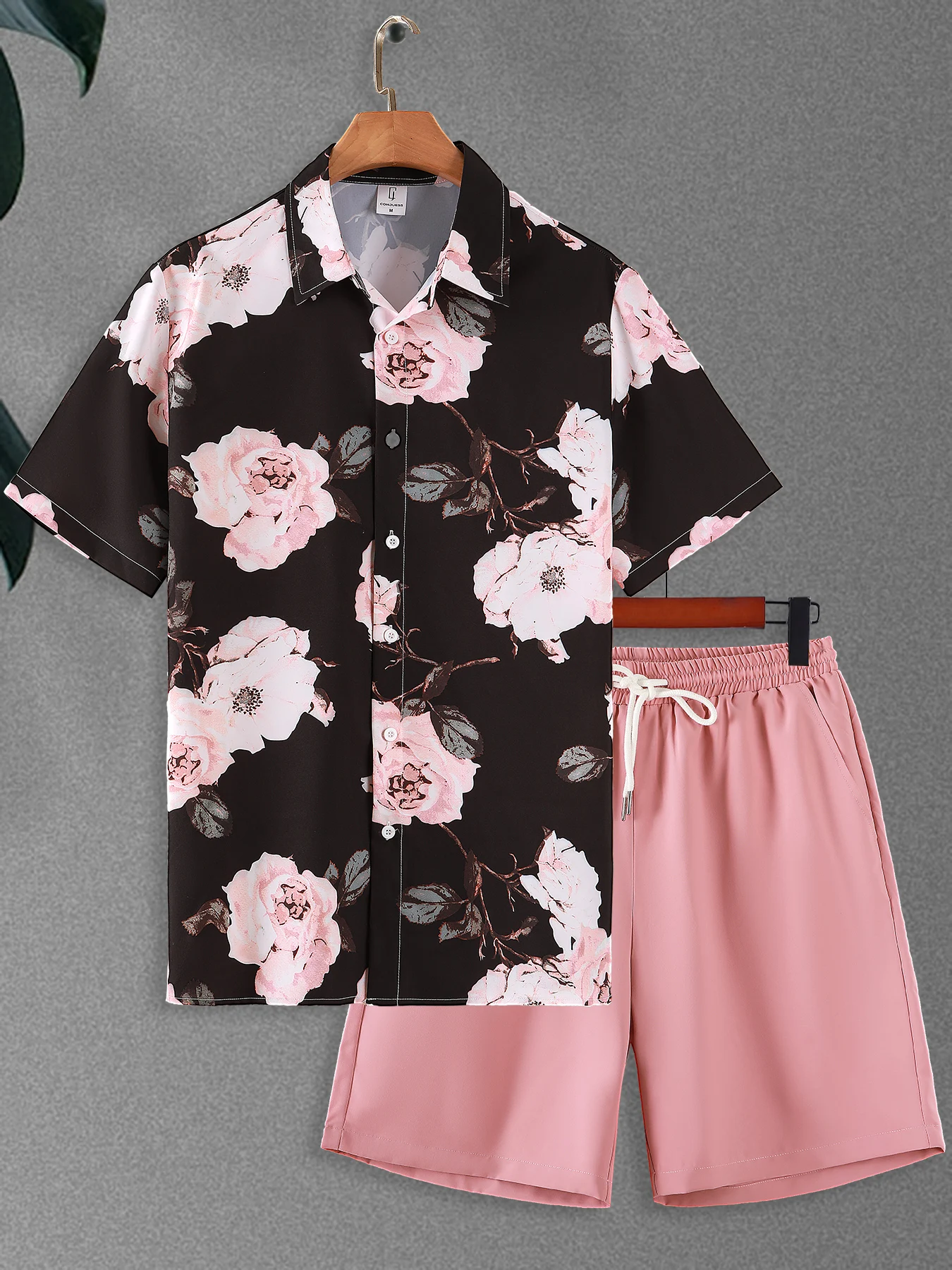 

Men's Vintage Rose Print Shirt Set, Black Short Sleeve Cuban Collar Top & Pink Shorts, Casual Summer Streetwear
