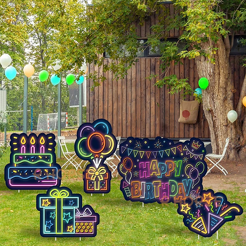 Letreros de feliz cumpleaños para patio, suministros de decoración al aire libre para niños, príncipe real, neón, negro, dorado, impermeable, utilería para fotomatón