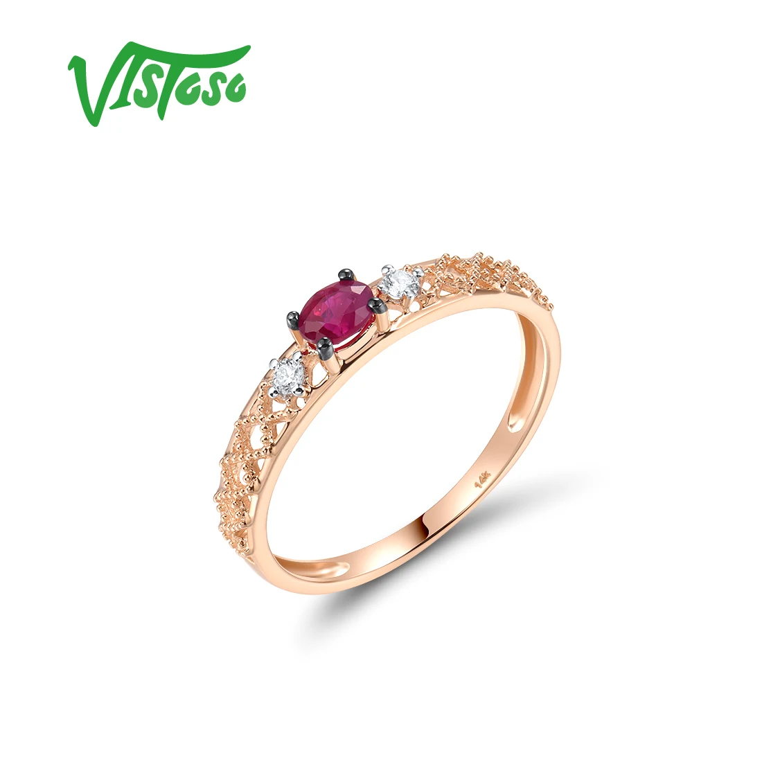 

VISTOSO Genuine 14K 585 Rose Gold Ring For Women Sparkling Ruby Diamonds Trendy Wedding Engagement Gifts Fine Jewelry