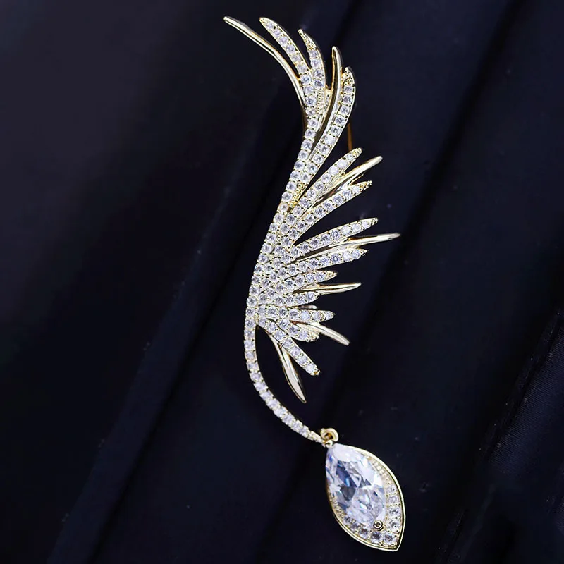 Elegant Sparkly Angel Wing Cubic Zirconia Brooch Gold Tone Lucky Blessing Lapel Pin Jewelry For Women Wedding Party Daily Gift