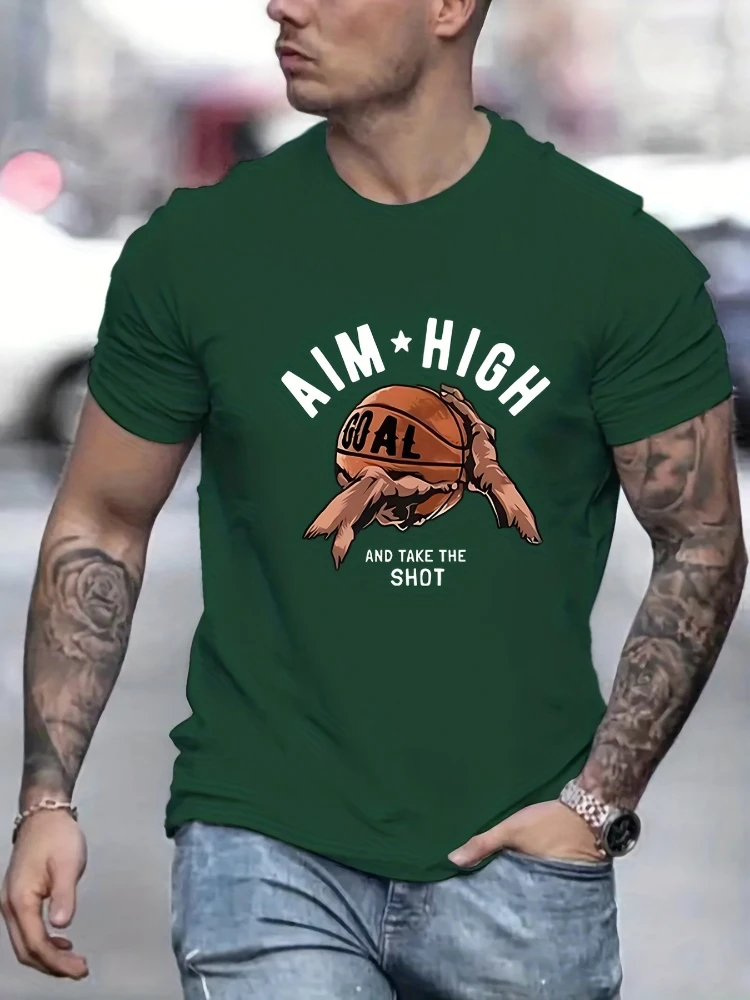 Basketball, shooting pattern design-100% cotton summer O-neck short sleeve casual printed men's T-shirt.