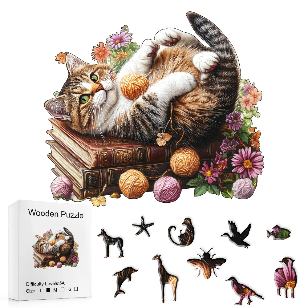 Vintage Book & Playful Kitten Wooden Puzzle Laser Cut Special Animal Silhouette Pieces Challenging Brain Teaser Parent-child Leisure Toy Holiday Present For All Ages