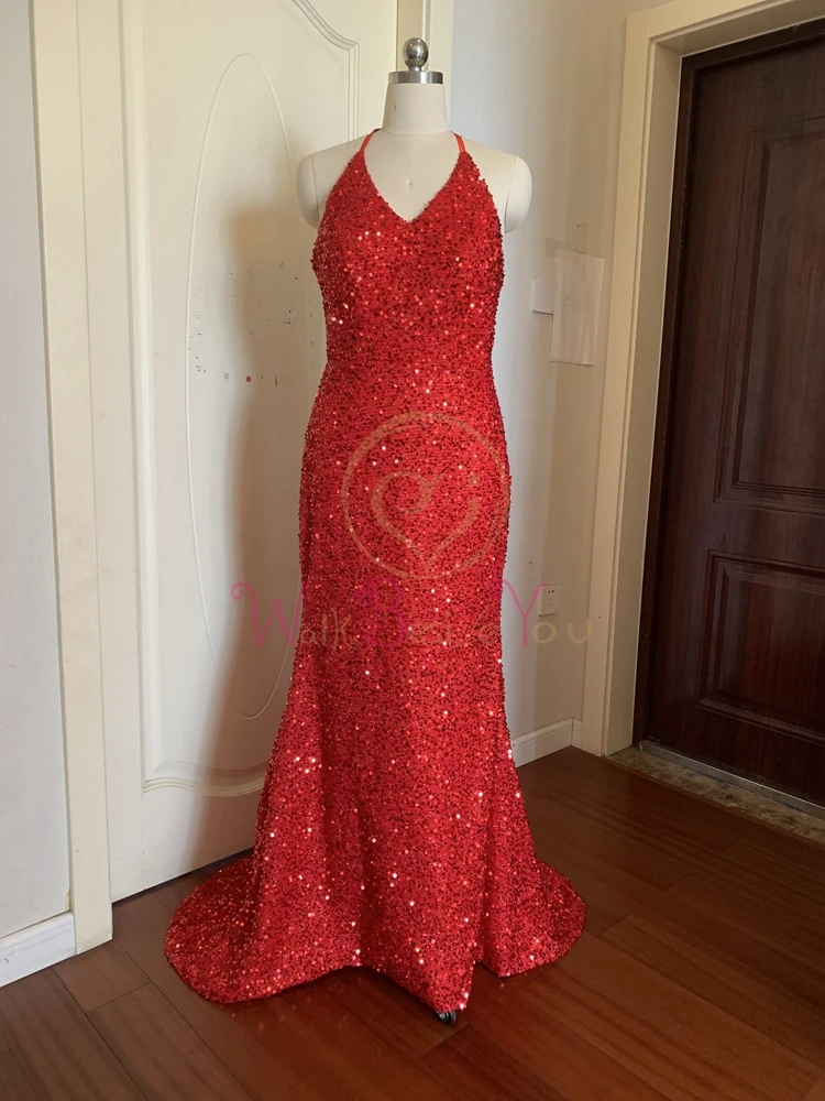 Vestido de noche de lentejuelas con cuello Halter, traje largo de sirena, rojo oscuro, fiesta de graduación, escuela secundaria, lujo, 2022, 2022, celebridad