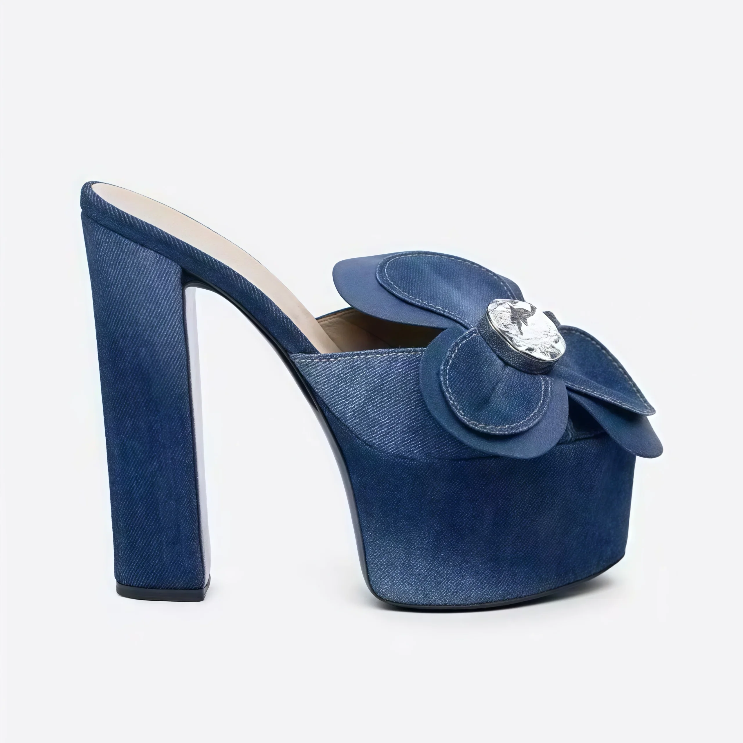 

Platform Peep Toe Woman's Sandals Summer Blue Canvas Three Leaf Flower Large Rhinestones Slippers Women Chunky Super High Heels