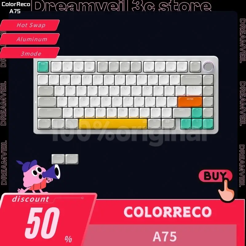 

ColorReco A75 Mechanical Keyboard 3mode USB/2.4G/Bluetooth Wireless Keyboard With Knob 81Key Hot Swap Custom Gamer Keyboard Gif