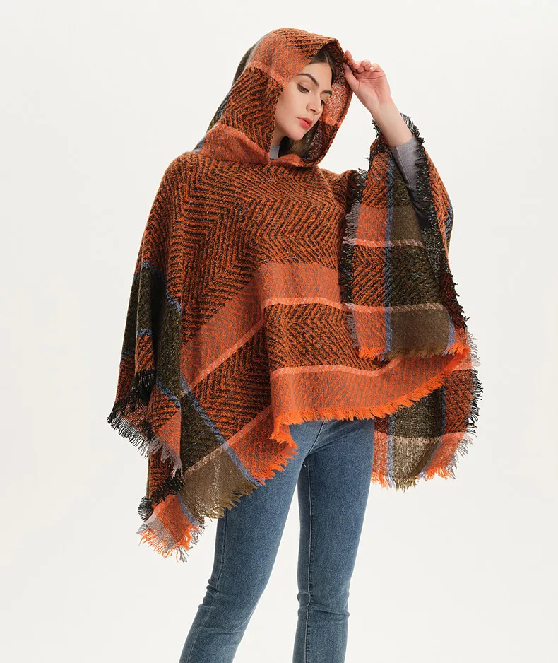 Herringbone Hooded Poncho for Women Pullover Cape Shawl Warm Loose Shoulder Wrap for Cool Weather Outdoor Wear