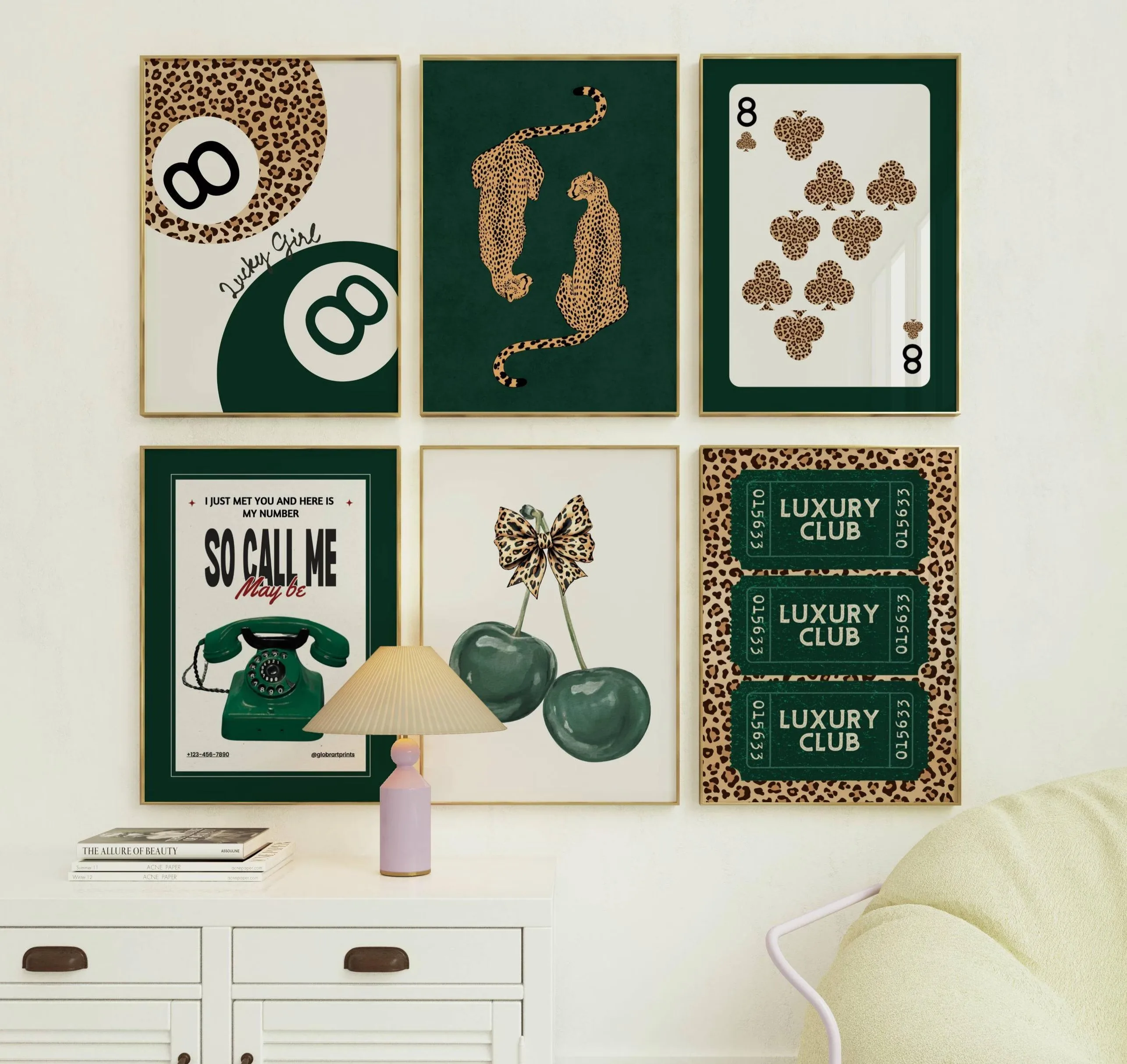 3/6pcs Emerald Green No. 8 Ball & Leopard Print Animal Canvas Print Cherry Playing Card Wall Art Poster for Modern Home Decor