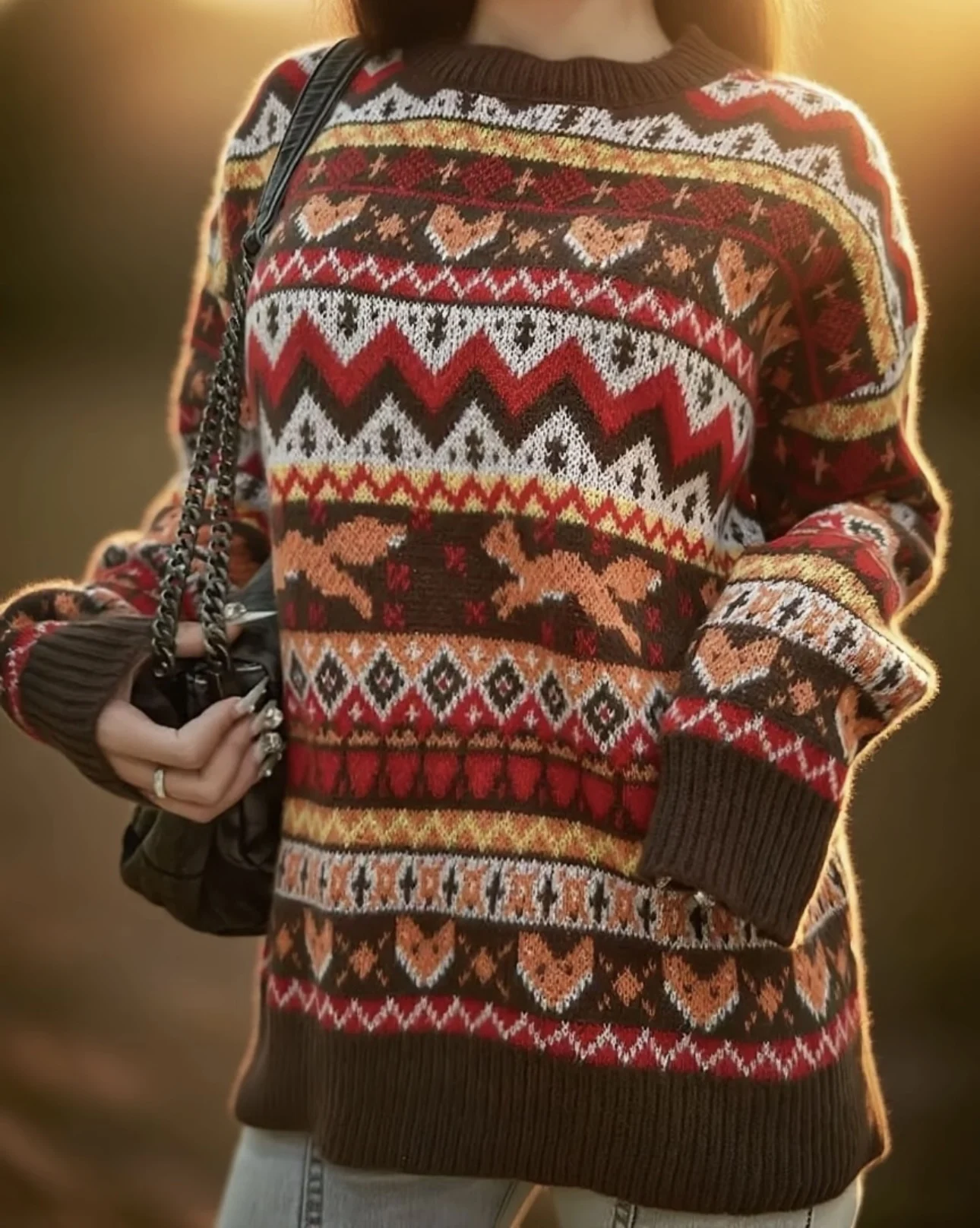 ใหม่ธีมคริสต์มาสฤดูใบไม้ร่วงและฤดูหนาวสัตว์น่ารัก Fox รูปแบบ jacquard เสื้อสเวตเตอร์คอกลมสําหรับผู้หญิง