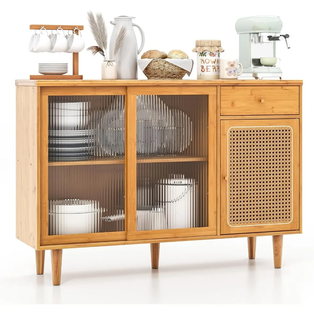 

LOKO Buffet Cabinet, Modern Bamboo Sideboard with Tempered Glass Sliding Doors, Rattan Door Home Bar, Boho Coffee Bar Cabinet