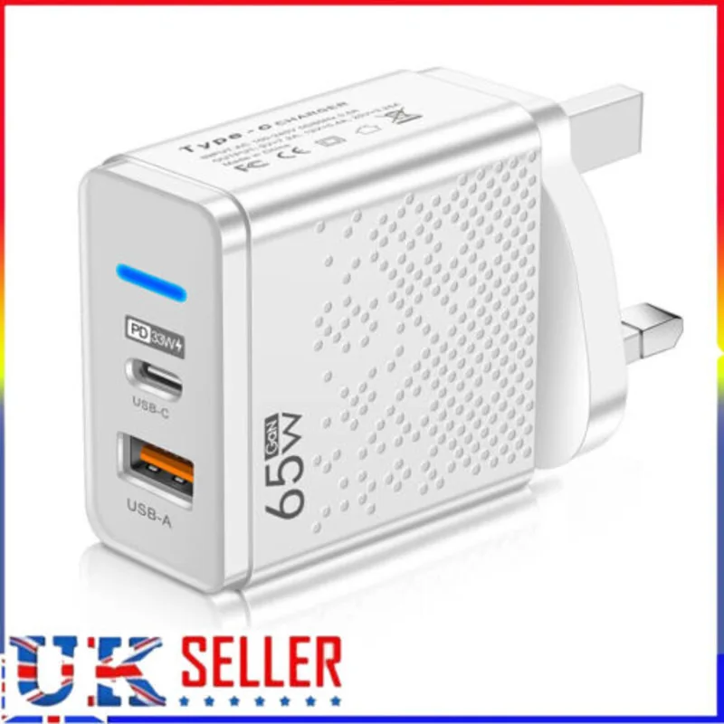 White 65W PD 2 Port USB-C Type C Charger Adapter UK Plug For Mobile Phones