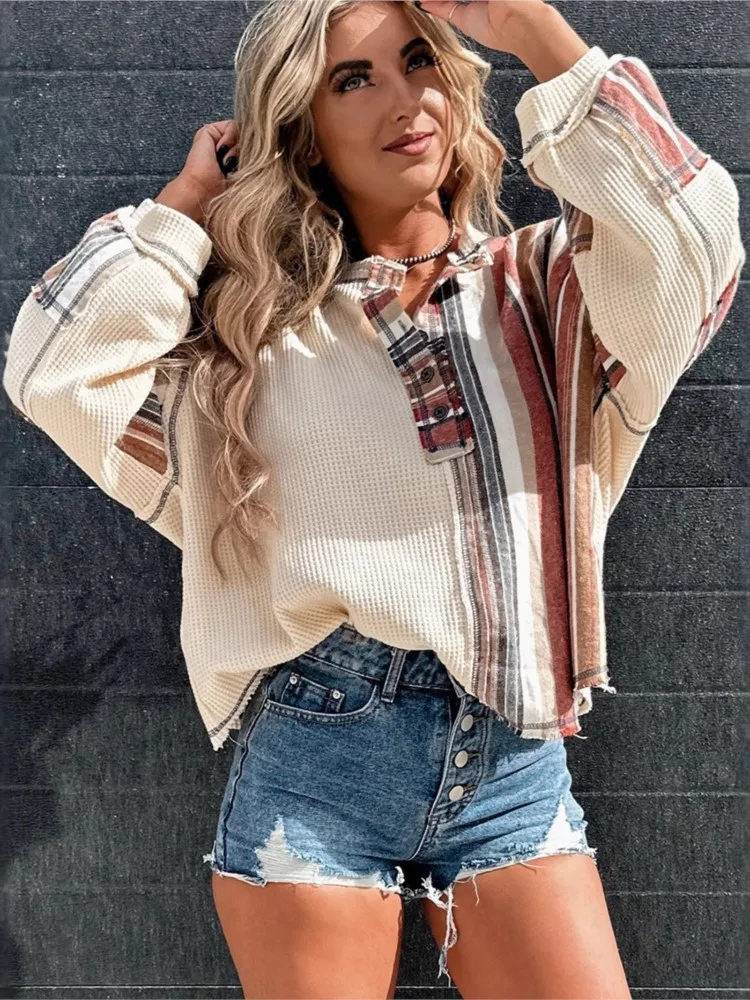 

Casual Woman's Half-open Collar Hoodie Spring Fashion Color-blocking Stripes Print Pullover Autumn Lady Long Sleeves Sweatshirt