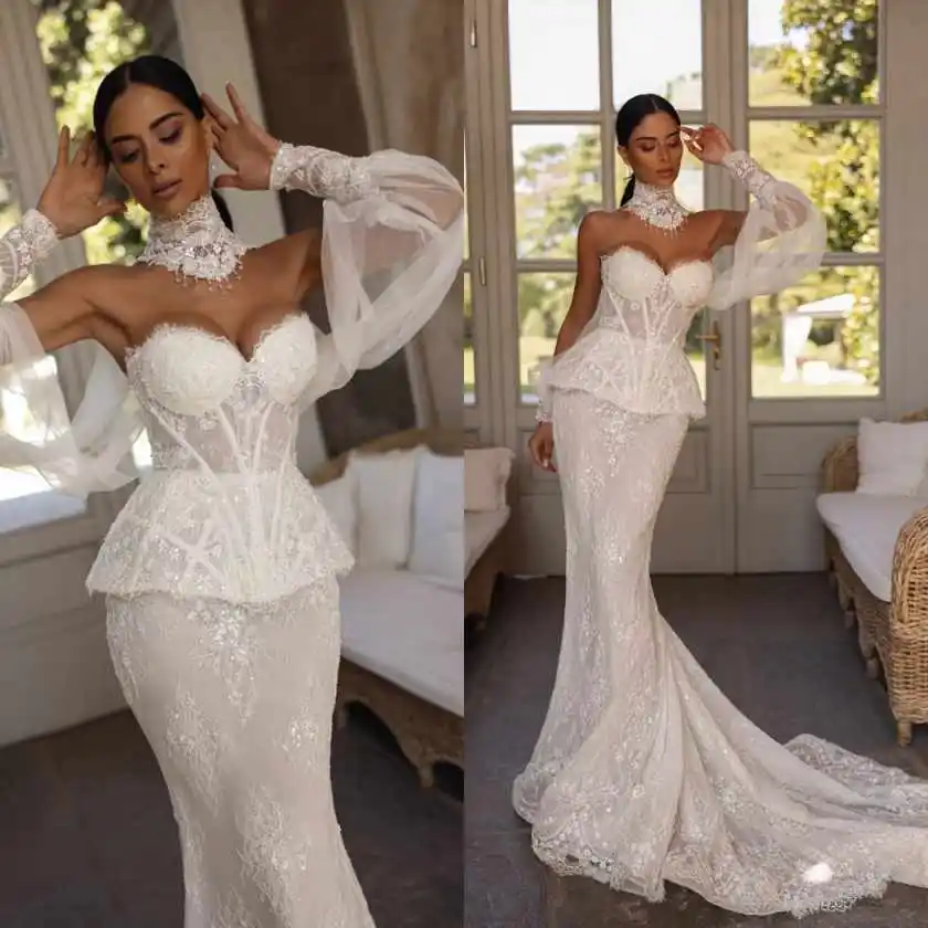 Unique Design Mermaid Wedding Dresses Mesh Sleeve Sweetheart Beaded Applique Sequins Tassel Bridal Gowns Prom Vestidos De Noche
