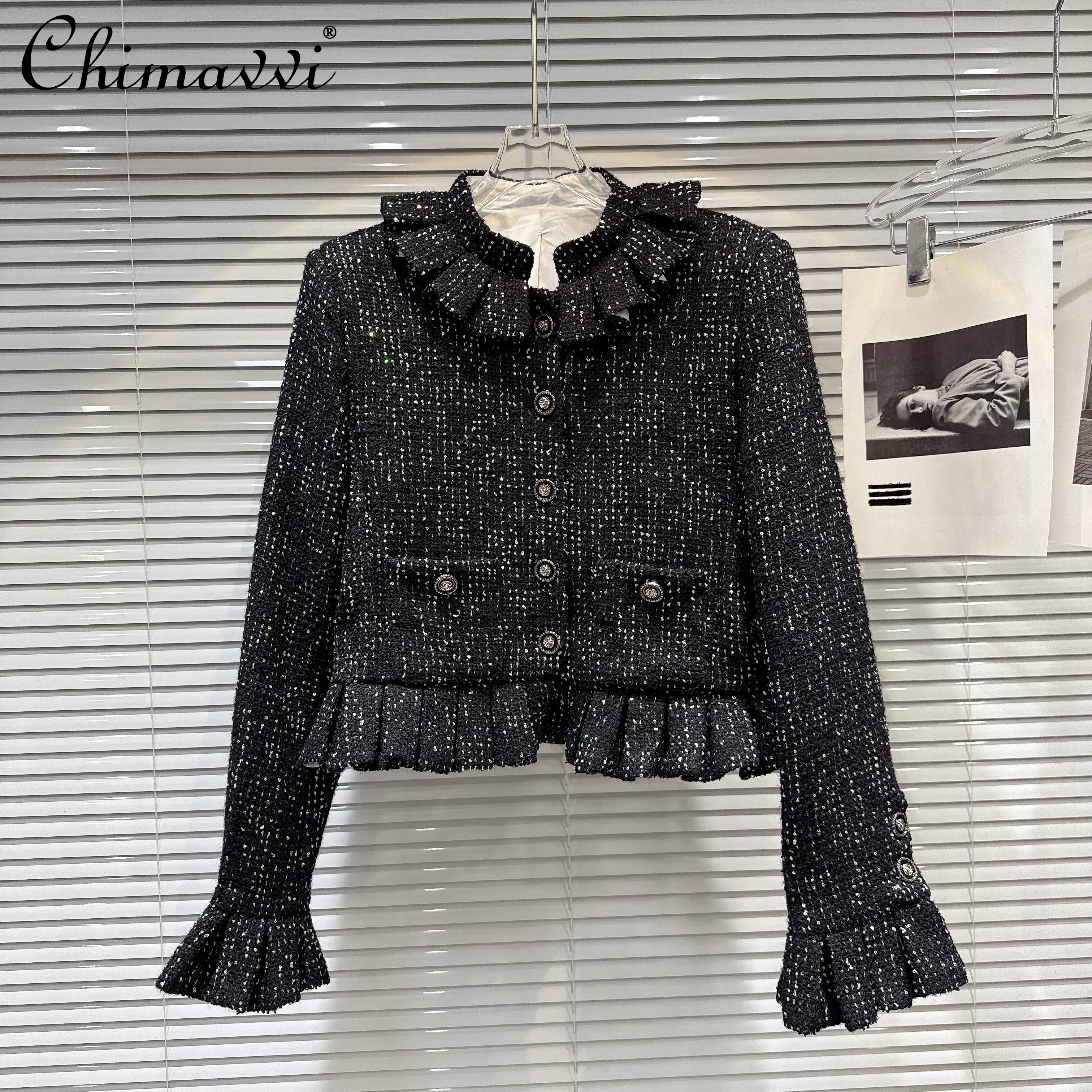 

French Elegant Fashion Socialite Coats Tops Ruffled Collar Long Sleeve Single-Breasted Versatile Tweed Short Jacket Women Autumn