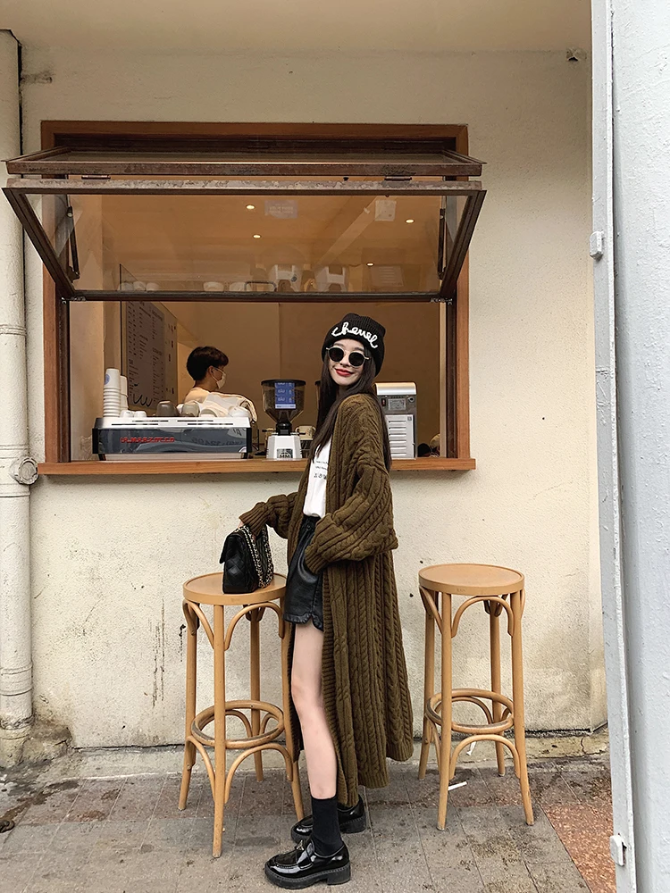 

Ультра-длинный вязаный свитер Chen Daya, женское свободное пальто длиной до колена в стиле ретро, трикотажная верхняя одежда