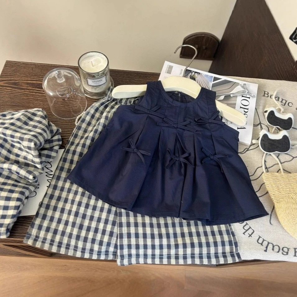 

Girls' Clothing Set Summer New Fashionable Minimalist Japan Style Bow Vest+Checkered Wide-leg Pants 2-piece Kids Outfits Set
