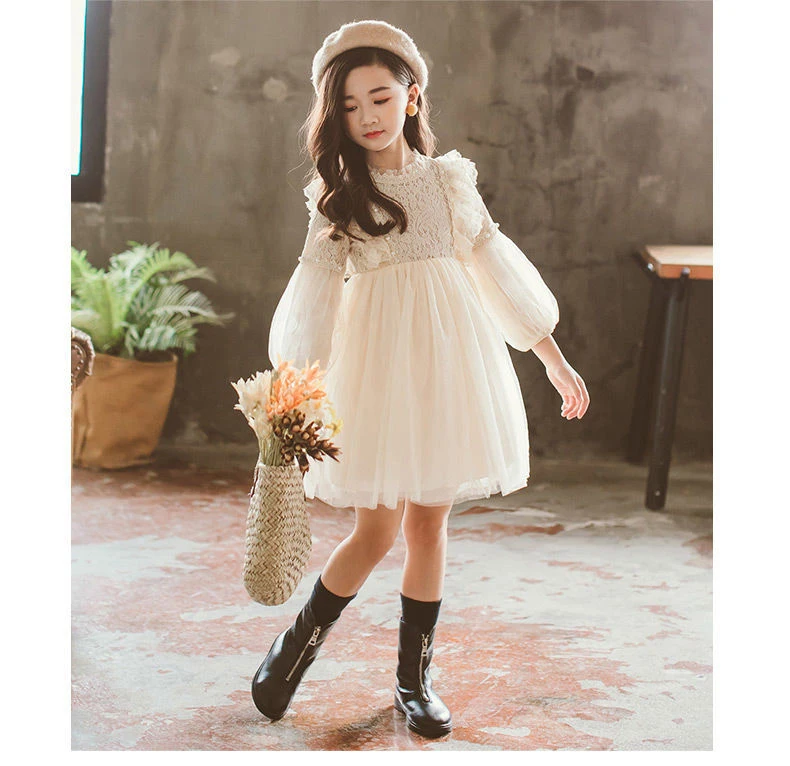 Frühling Herbst Kinder Mädchen Kleider Laterne Hülse Spitze Prinzessin Kleid Perle Süße Oansatz Mesh Party kinder Kleidung Vestidos – Detail 7