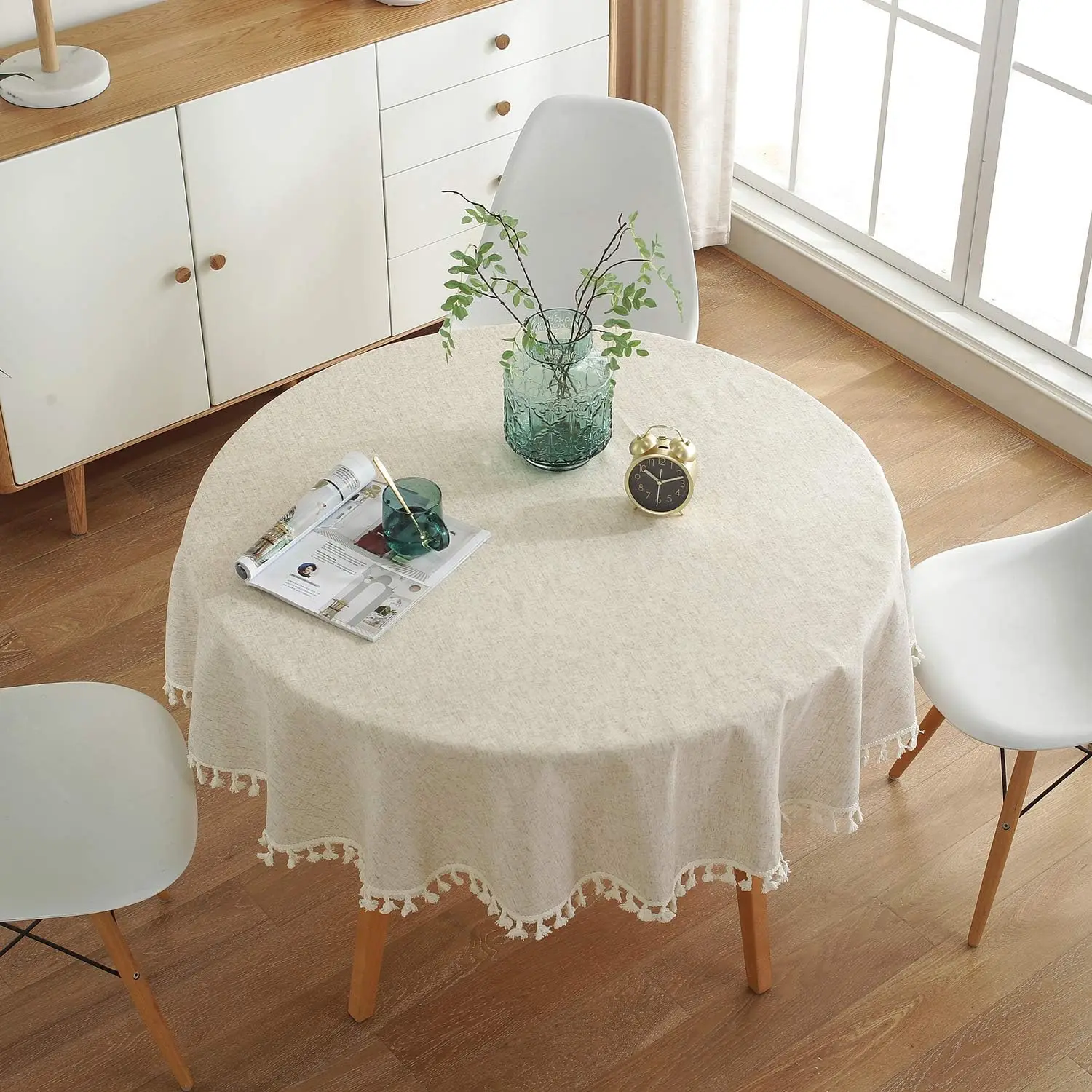 Mantel redondo de lino y algodón con borlas, cubierta de Mesa de Color sólido para cocina, comedor, fiesta, granja, accesorios de decoración de mesa