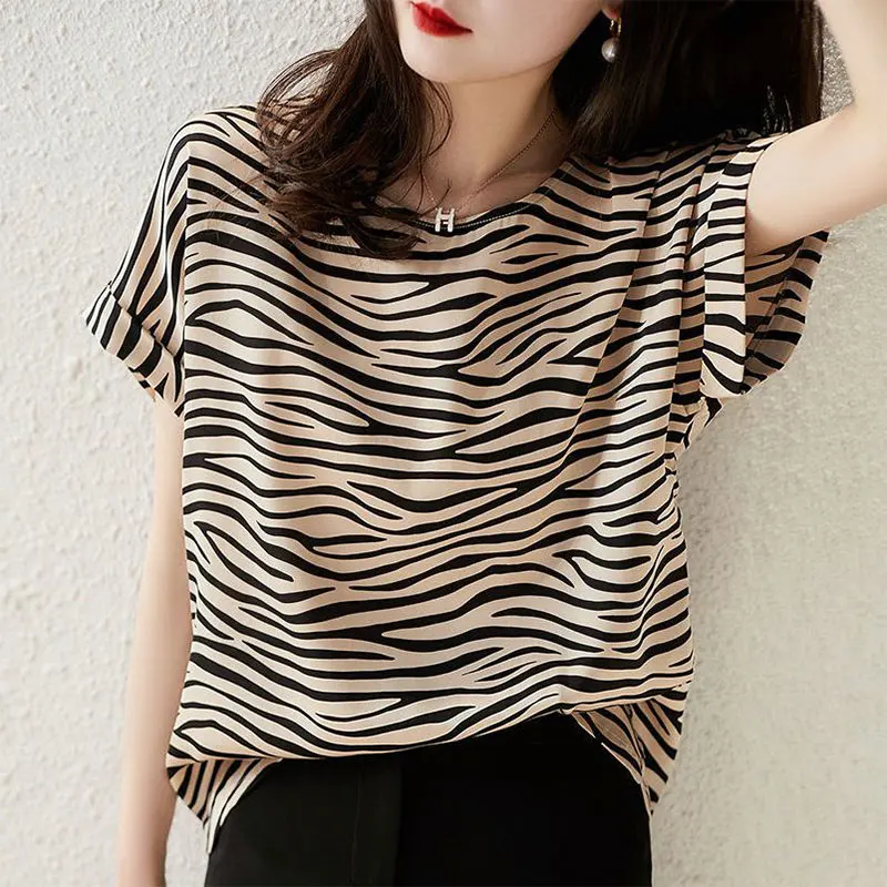 Women\'s Striped Short Sleeve T-Shirt, Elegant Loose Tops, Casual, Simplicity, Office Lady, Fashion Clothes, Summer, New