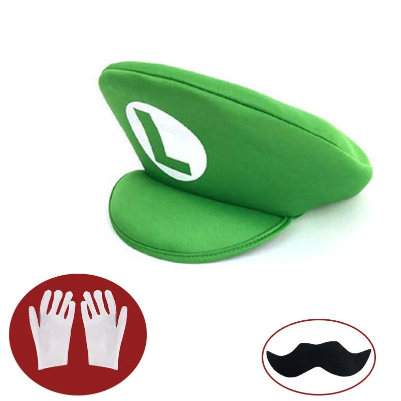 Red Green Super Bros Hats Set Mary Luigy Caps Mustaches Gloves for Halloween Christams Cosplay Costumes Matching Accessories