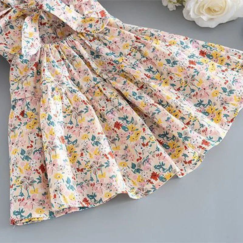 Girls\' dress summer new children\'s clothing backless lace up A-line skirt countryside floral bubble sleeve princess skirt