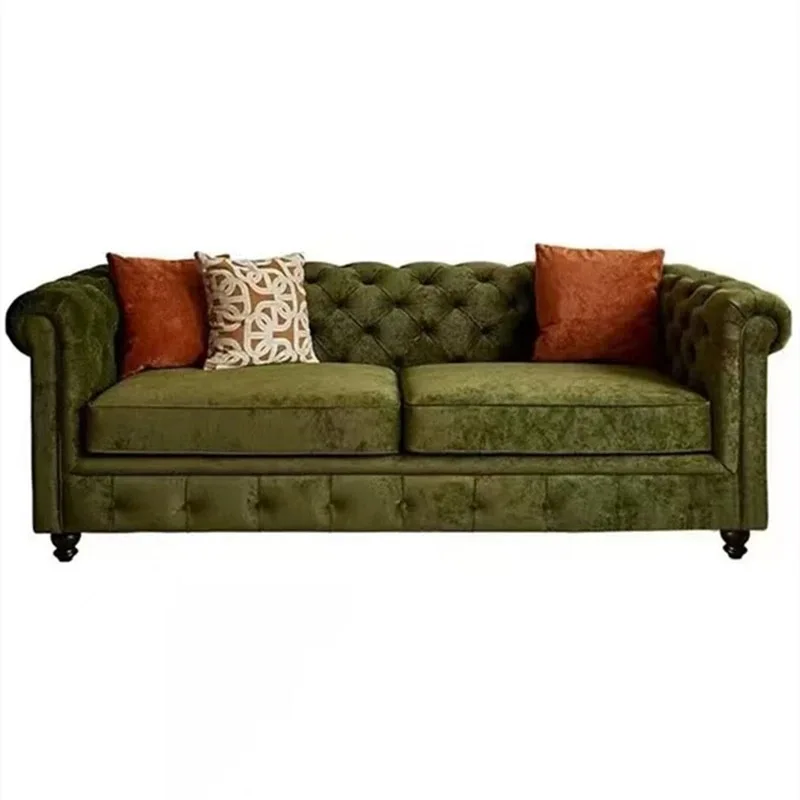 País da américa retro chenille veludo sofá tecido fivela francesa duplo triplo sala de estar sofá verde madeira maciça