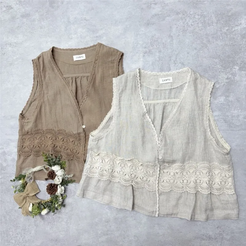 

Johnature Japanese Heavy Industry Lace Linen Clip Summer New V-neck Loose Versatile Casual Vest Jackets
