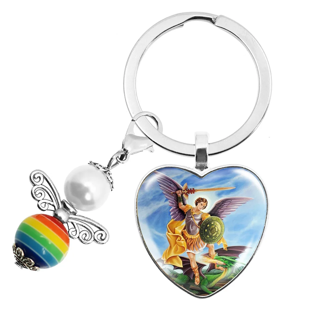 Popular Peach Heart Keychain Archangel St.Michael Protect Me Saint Shield Protection Charm Russian Keyrings Jewelry For Holy